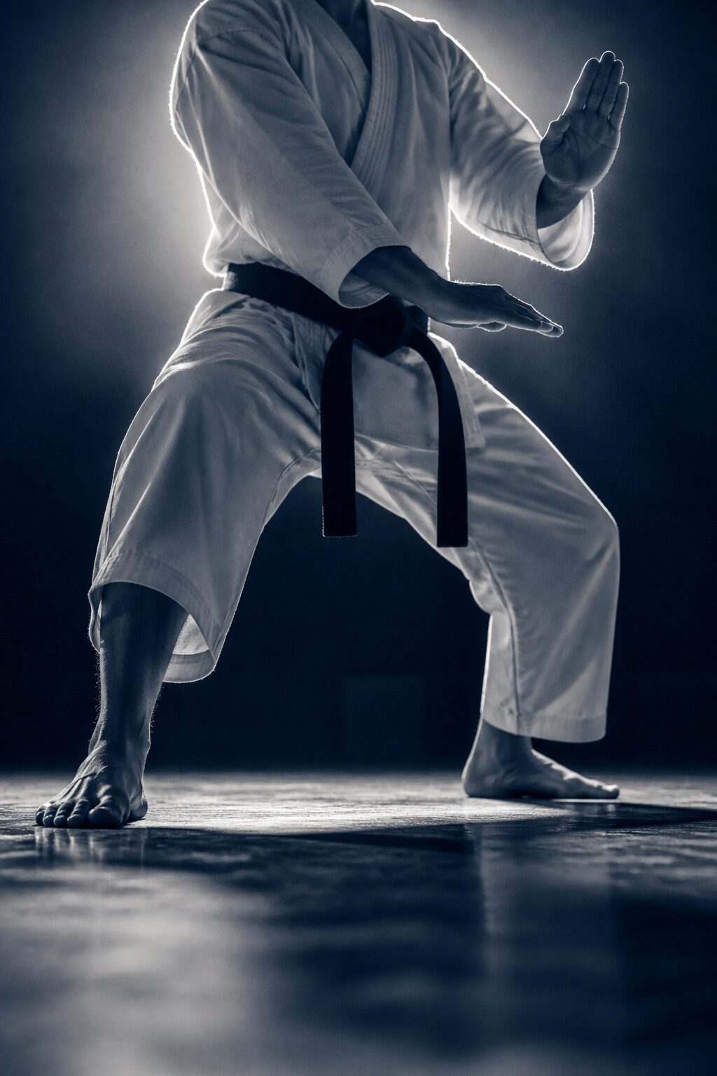 A student holding a front stance