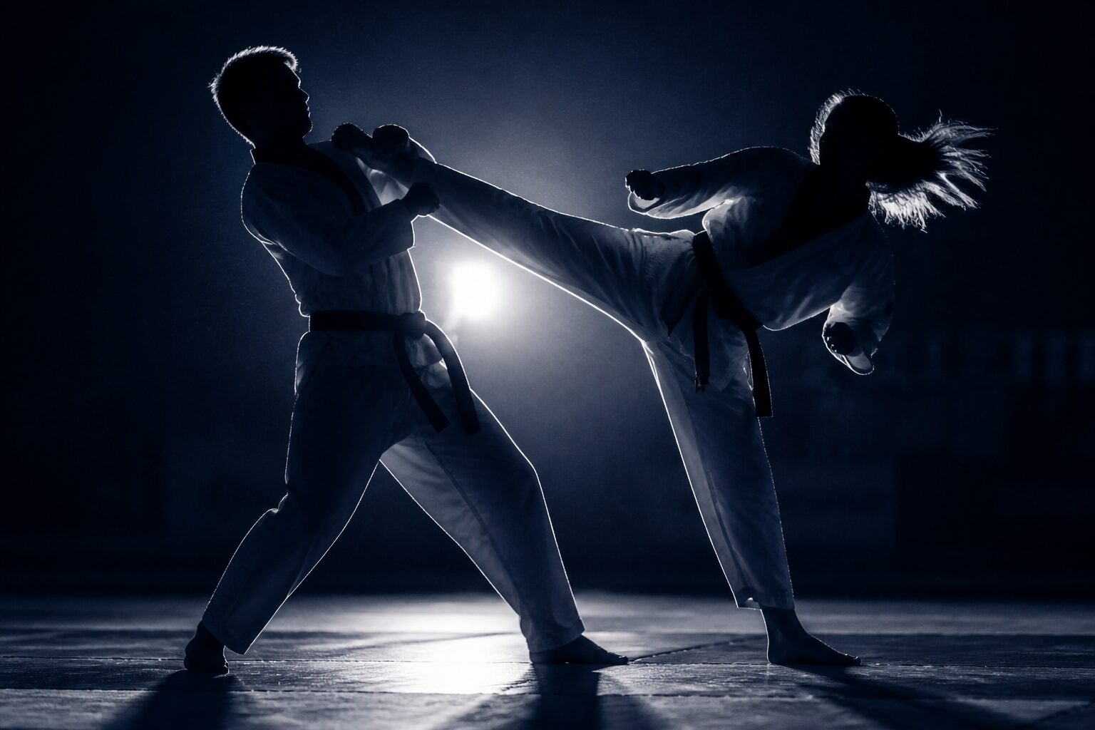 Two students in a controlled sparring exchange